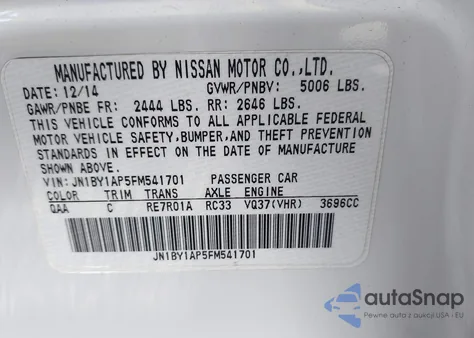 2015 Infiniti Q70 3.7 из США, поврежденный, VIN JN1BY1AP5FM541701